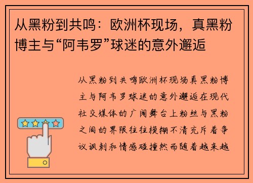 从黑粉到共鸣：欧洲杯现场，真黑粉博主与“阿韦罗”球迷的意外邂逅