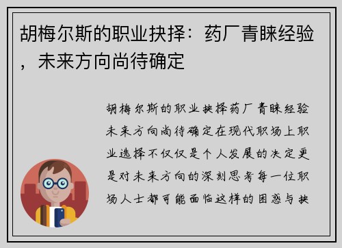 胡梅尔斯的职业抉择：药厂青睐经验，未来方向尚待确定