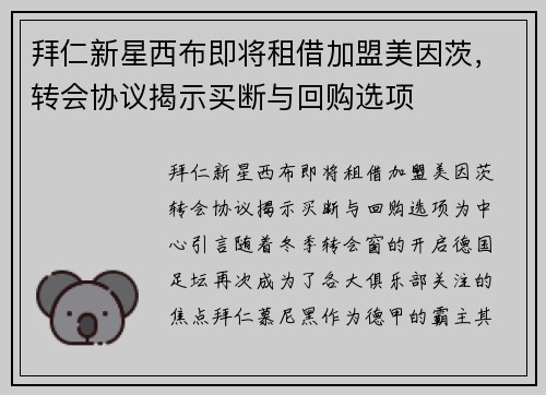拜仁新星西布即将租借加盟美因茨，转会协议揭示买断与回购选项