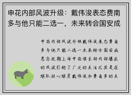 申花内部风波升级：戴伟浚表态费南多与他只能二选一，未来转会国安成悬念
