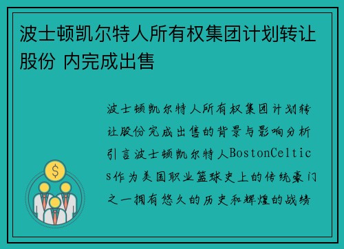 波士顿凯尔特人所有权集团计划转让股份 内完成出售