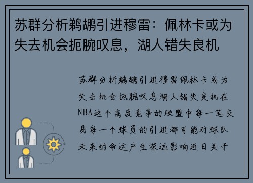 苏群分析鹈鹕引进穆雷：佩林卡或为失去机会扼腕叹息，湖人错失良机