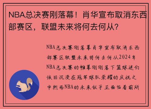 NBA总决赛刚落幕！肖华宣布取消东西部赛区，联盟未来将何去何从？