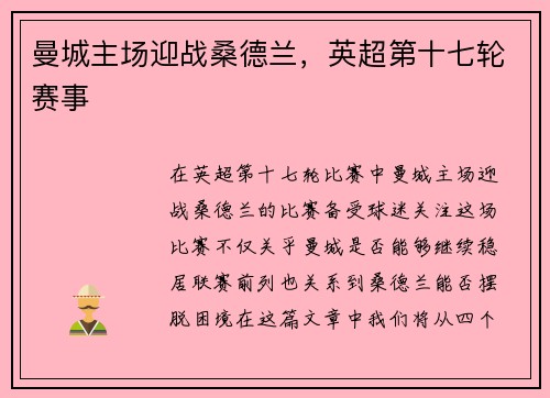曼城主场迎战桑德兰，英超第十七轮赛事
