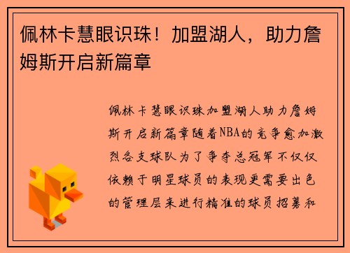 佩林卡慧眼识珠！加盟湖人，助力詹姆斯开启新篇章