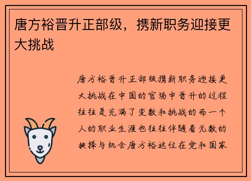 唐方裕晋升正部级，携新职务迎接更大挑战