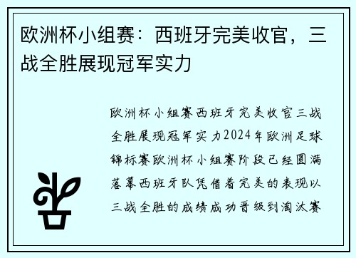 欧洲杯小组赛：西班牙完美收官，三战全胜展现冠军实力