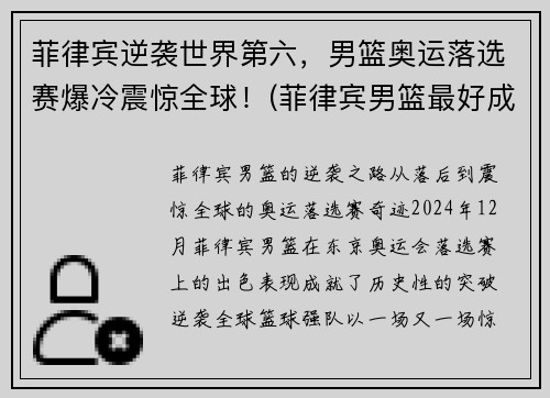 菲律宾逆袭世界第六，男篮奥运落选赛爆冷震惊全球！(菲律宾男篮最好成绩)