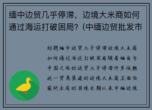 缅中边贸几乎停滞，边境大米商如何通过海运打破困局？(中缅边贸批发市场)
